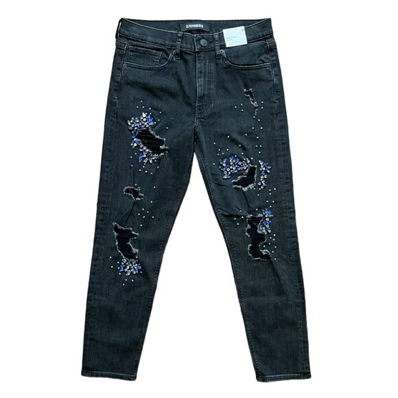 High Rise Black Embellished Ripped Ankle Jeans Size 10 Express NWT $128 - Picture 1 of 13